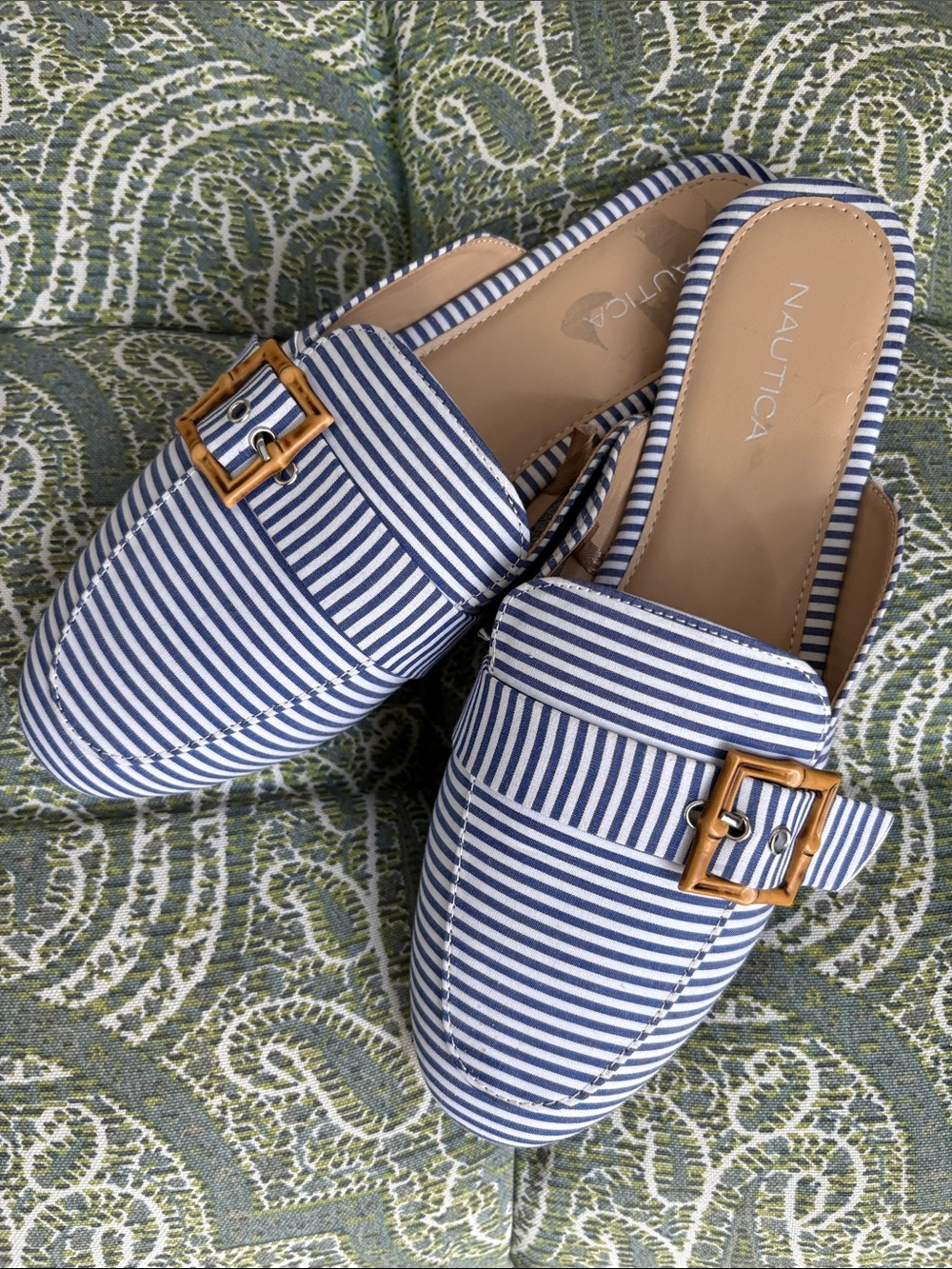 Nautica Navy and White Striped Slip-On Mules with Buckle Accent
